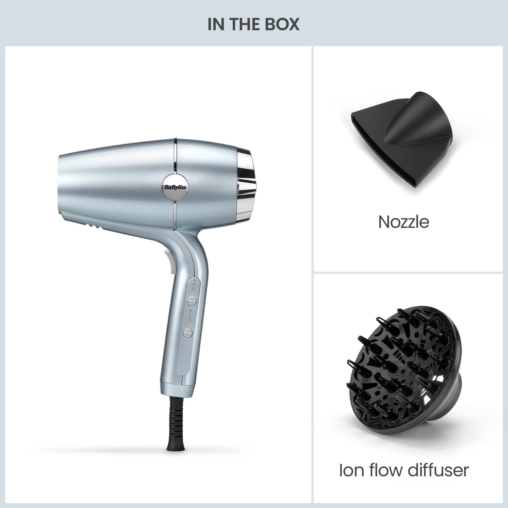In the Box: Dryer, Nozzle & Ion Flow Diffuser
